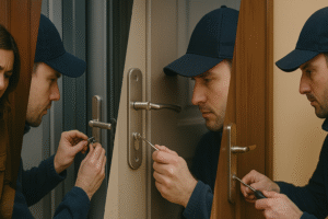a hero image that includes a locksmith working in stafford uk.