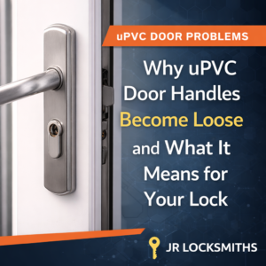 uPVC door handle and lock on a white front door illustrating why door handles can become loose over time