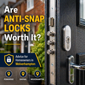 Close-up of a high-security anti-snap door lock on a modern home with text asking if anti-snap locks are worth it for homeowners in Wolverhampton