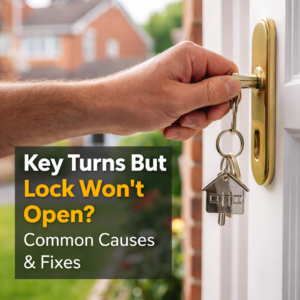 Close-up of a hand inserting a key into a brass door lock on a white door, with overlaid text reading “Key Turns But Lock Won’t Open? Common Causes & Fixes