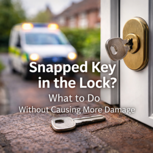 Broken key lodged in a door lock with text explaining what to do without causing more damage during a lock emergency