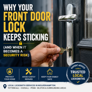 Front door lock sticking issue with key being turned and locksmith advice for homeowners in Wolverhampton