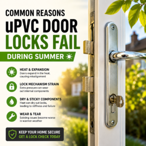 uPVC door lock with key inserted and graphic explaining common reasons locks fail during summer including heat expansion and wear