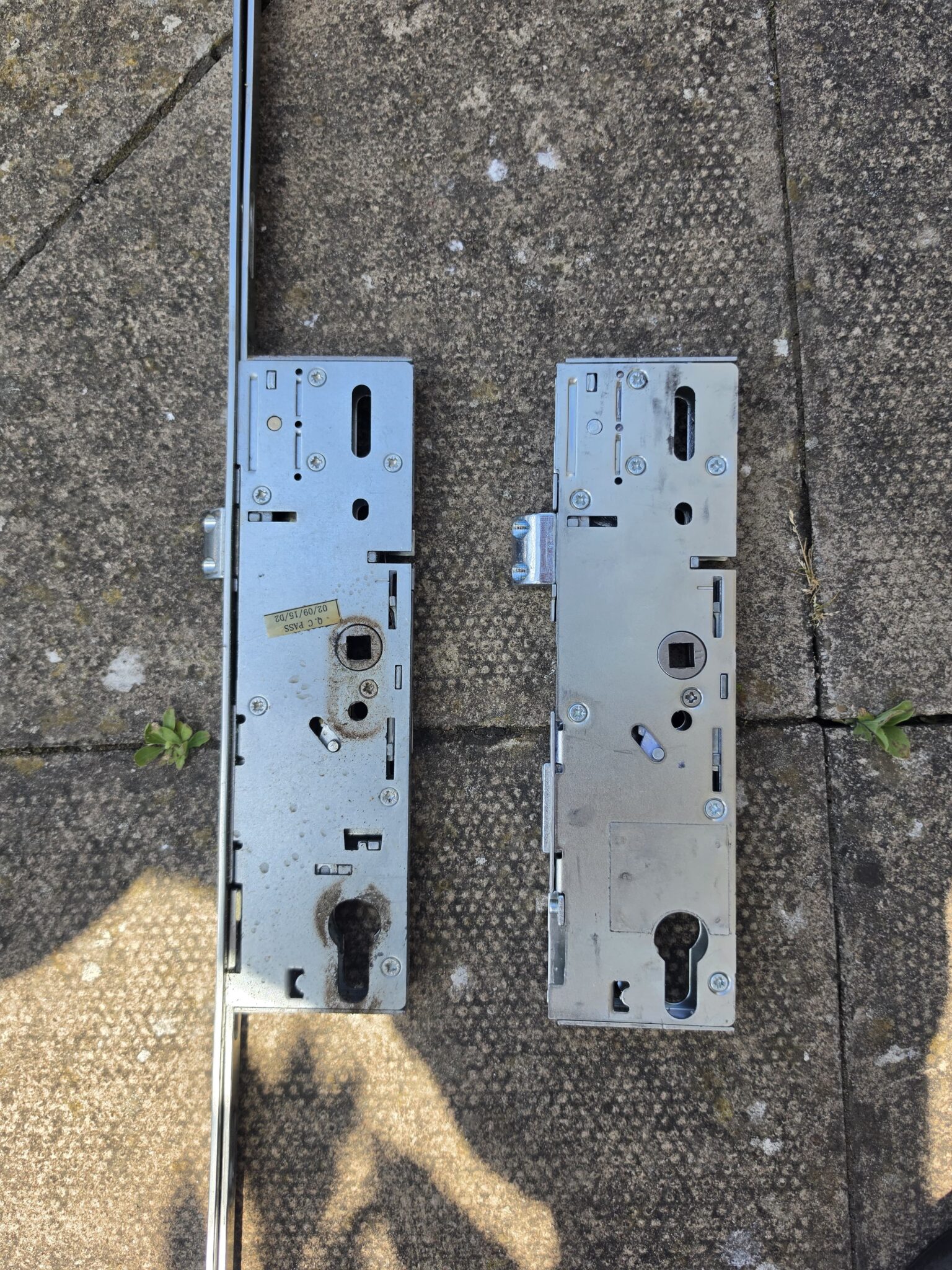 Failed and replacement uPVC French door locking mechanisms from a repair in Perton, Wolverhampton