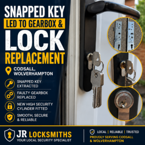 Featured image showing a snapped key repair that led to a gearbox and lock replacement completed by JR Locksmiths in Codsall, Wolverhampton.