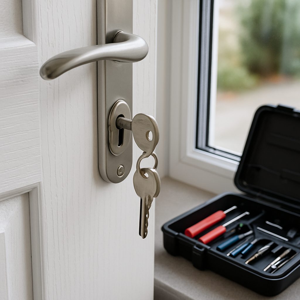 A close-up of a white uPVC door with a key partly inserted into a brushed nickel cylinder lock, framed by an oval backplate with visible screws. Nearby is a black toolbox containing various locksmith tools, with a blurred outdoor scene visible through the door’s glass window.